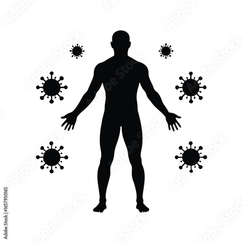 Silhouette of a human figure surrounded by virus or bacteria shapes, Virus around body silhouette vector illustration