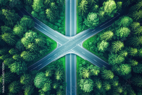 Lush trees frame a serene crossroads, showcasing asphalt roads intersecting peacefully in nature under clear skies