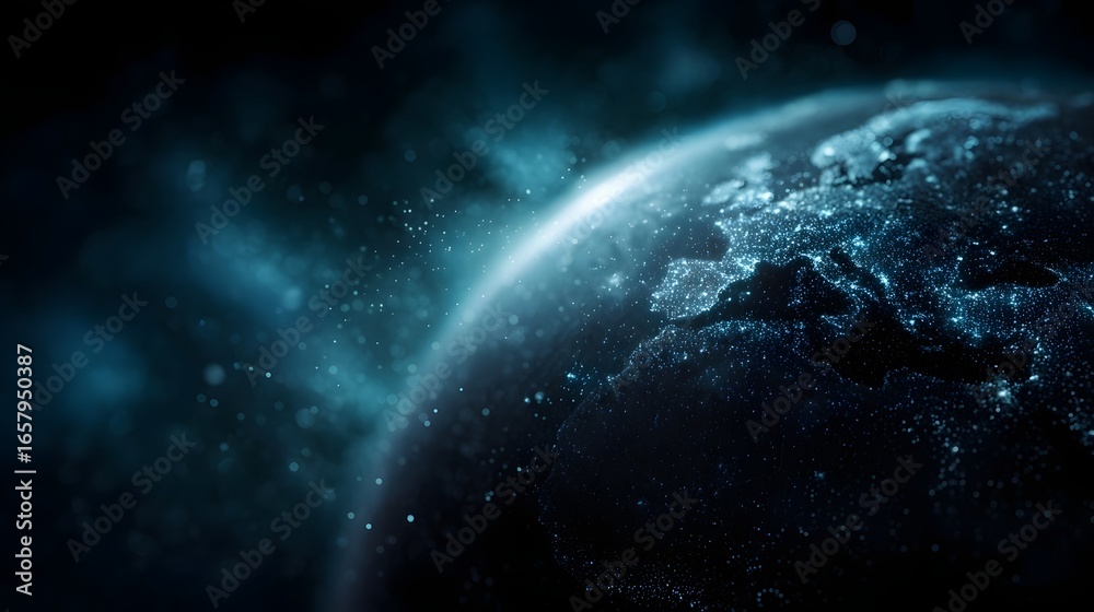 Obraz premium Digital Earth hologram spinning on a dark background with a sci fi glow