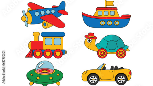 Six Cartoon Vehicles and Animals Including an Airplane, Boat, Train, Turtle, UFO, and Car