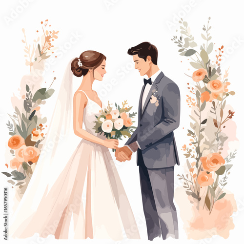 Elegant illustrated wedding couple holding hands, bride in white dress, groom in grey suit.