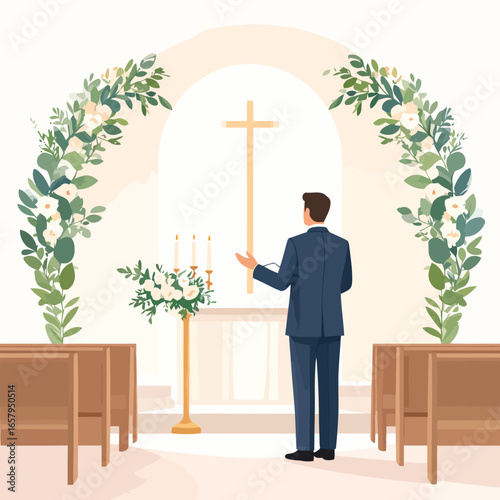 Man in Blue Suit Holding Book in Church with Cross and Flowers