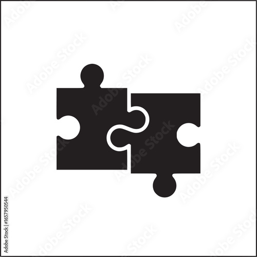 Two black puzzle pieces fitting together, symbolizing connection, teamwork, and problemsolving, isolated on white background