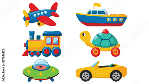 Six Cartoon Vehicles and Animals Including an Airplane, Boat, Train, Turtle, UFO, and Car