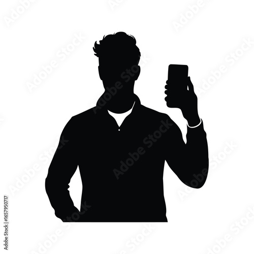 Silhouette of a man holding a phone up for a selfie, Man holding phone silhouette vector illustration