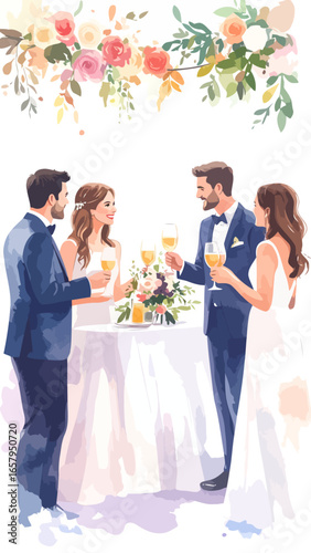 Elegant watercolor illustration of a bride and groom toasting with friends at their wedding reception.