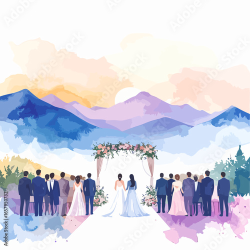 Two Brides Exchanging Vows at Outdoor Mountain Wedding Ceremony with Guests in Watercolor Style