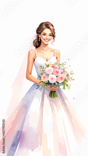 Joyful bride in an elegant white gown with a veil, smiling while holding a pink rose bouquet.