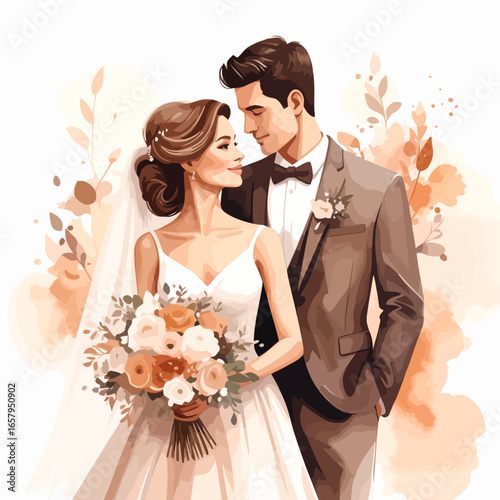 Elegant illustrated bride in white dress with bouquet and groom in brown suit, lovingly gazing.