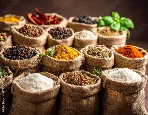 Fototapeta Naklejka Na Ścianę i Meble -  Variety of spices in burlap bags on a dark surface