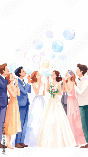 Joyful wedding party illustration of a bride, groom, and friends blowing celebratory soap bubbles.