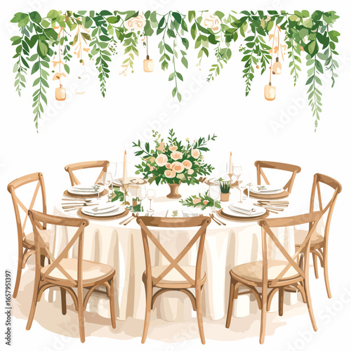 Round Table Setting with Beige Chairs and Floral Decor