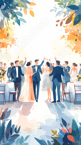 Joyful Wedding Celebration with Guests Dancing and Toasting