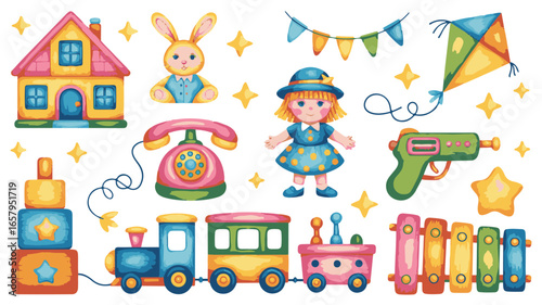 Whimsical collection of colorful children's toys and decorations with a playful theme kids