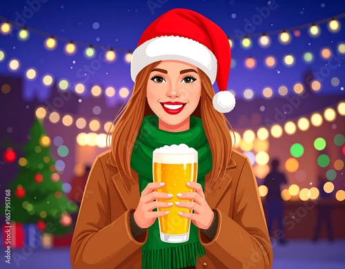 Woman in Santa hat holding beer glass at Christmas market
