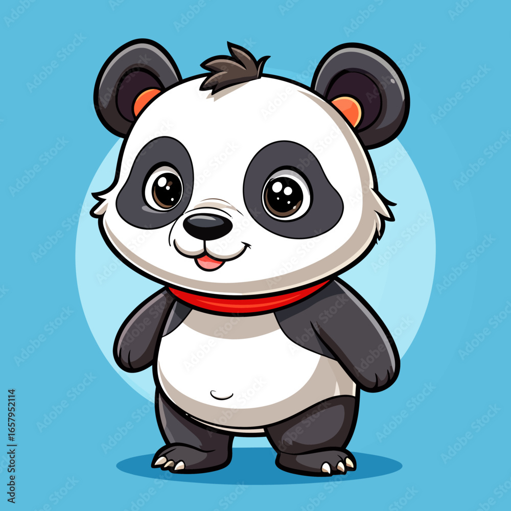 Fototapeta premium Cute standing cartoon panda with big shiny eyes, a red collar, and a happy expression.
