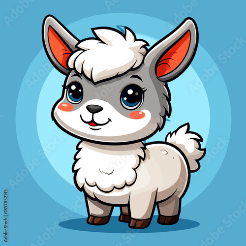 Sweet cartoon baby alpaca with fluffy white fur, large blue eyes, and a gentle smile