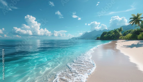 Coastal Serenity: A breathtaking, high-definition vista of a pristine tropical beach and inviting turquoise ocean water, with gentle waves caressing the shore.