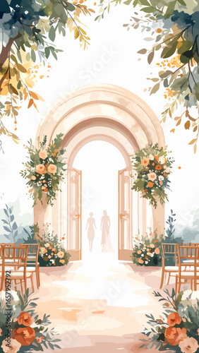 Elegant Wedding Venue with Floral Archway and Chairs