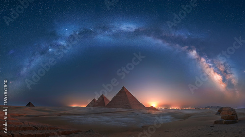 Beautiful milky way above ancient pyramids at night