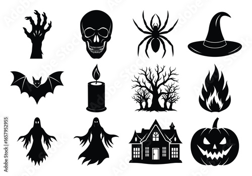 Collection of Halloween Silhouettes Skull Spider Ghost Pumpkin Bat Haunted House and More