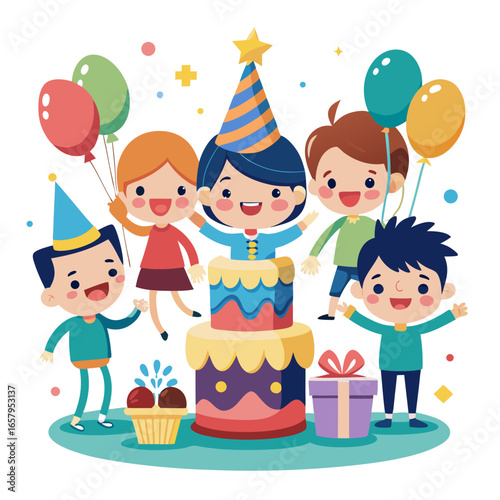 Group of happy kids celebrating birthday party