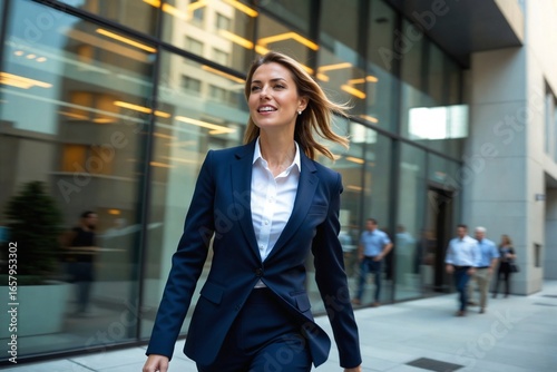 Powerful businesswoman in a sharp navy suit striding confidently through a modern city, captured with a cinematic panning motion blur effect.