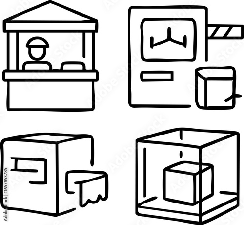 Handdrawn doodle icon set of a ticket booth vending machine and display case.