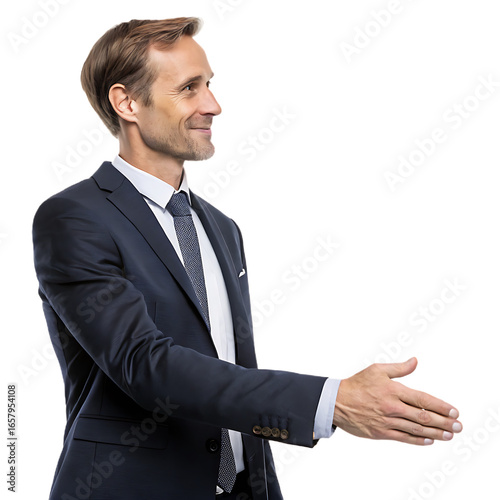 Confident businessman extending a handshake with a welcoming smile dressed in a sharp suit against a stark black background ready for a successful business deal