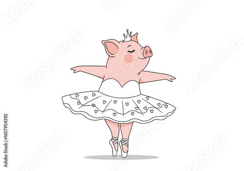 Adorable piglet ballerina performs graceful ballet dance in tutu and pointe shoes