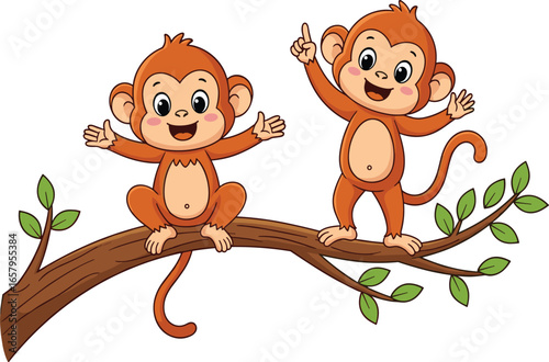 Cartoon monkeys on tree branch, playful jungle animals, cute smiling primates, children’s illustration, tropical forest fun, happy wildlife characters