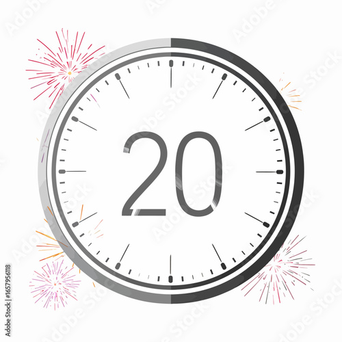 Countdown Clock Showing Twenty Seconds, Grey Circular Design with Fireworks