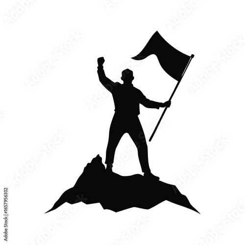Silhouette of a triumphant person standing on a mountain with a flag waving, A man flag waving  silhouette vector illustration