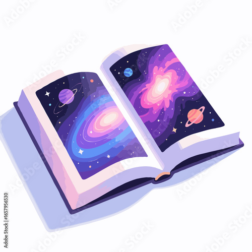 Discover cosmic wonders in an open book. Vivid galaxies, nebulae, and planets adorn pages, symbolizing universal knowledge and exploration