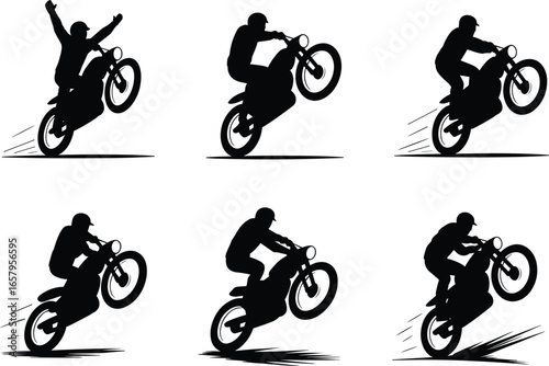 Motorcycle Wheelie Silhouettes, Stunt Rider Vector Set, Extreme Sports Clipart, Helmet Safety Icons, Editable Black Graphic Pack