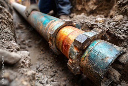 Water utility maintenance activity focuses on significant pipe repair inside a deep trench