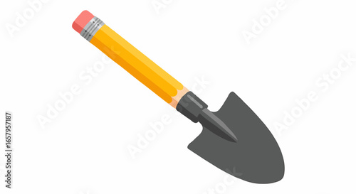 Innovative tool combining a writing pencil and a garden shovel, symbolizing creative development and digging for ideas.