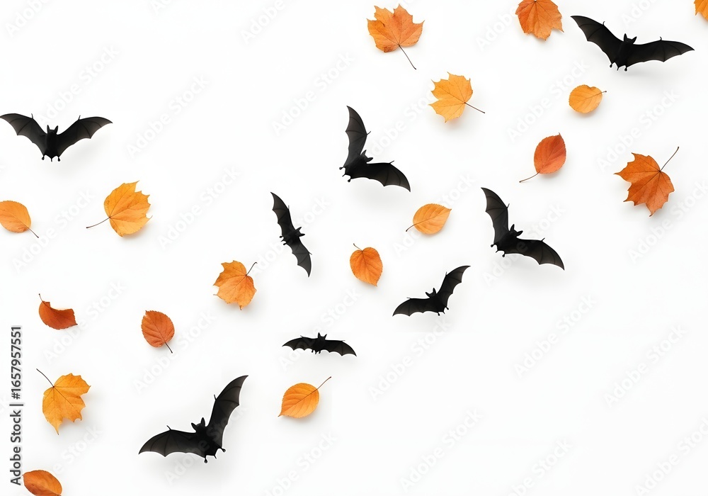 Fototapeta premium Halloween bats and autumn leaves arranged on white background, creative holiday season design