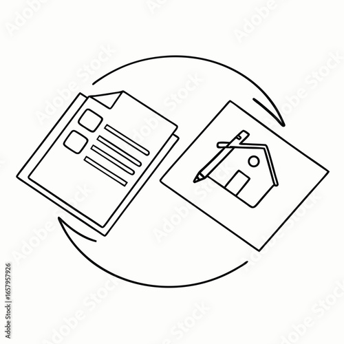 Home refinancing concept with documents and house icon illustration in a circular flow with copy space for financial planning