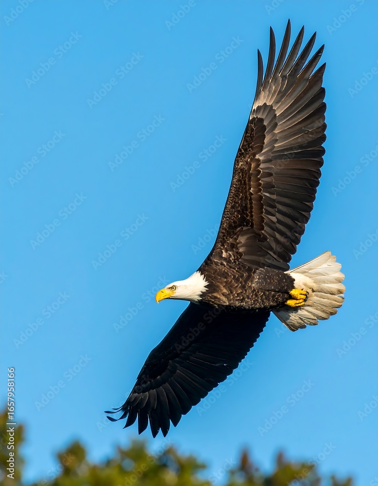 Obraz premium Bald eagle in flight against a clear sky