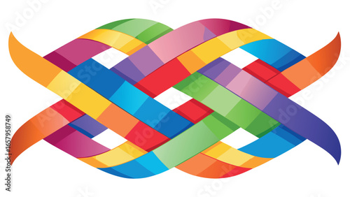 Vector art of colorful rainbow ribbons intertwined in a woven pattern isolated on white