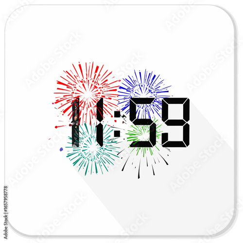 Digital Clock Displaying 11:59 with Colorful Fireworks Bursting Around It