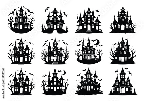 Set of spooky haunted house silhouettes for Halloween decorations and design elements