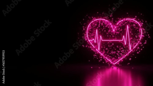 Neon pink heart with heartbeat line glowing on black background with empty space for text