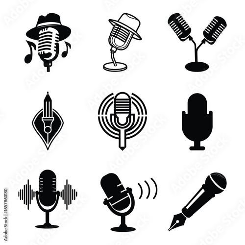 Nine unique microphone depictions showcases various styles and eras, presented on a transparent background