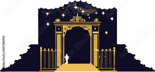 The entrance to the nativity scene is illuminated by twinkling stars, creating a serene and festive atmosphere.