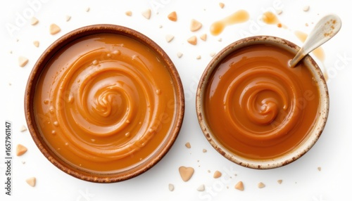 create a top down image of a bowl of caramel sauce isolated on a white background, with the subject placed on the right side and sufficient copy space on the left