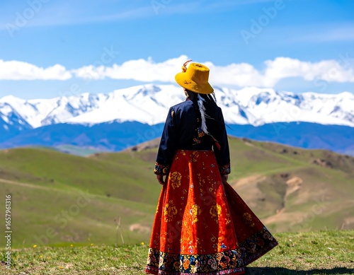 Woman in traditional dress views snow-capped mountains