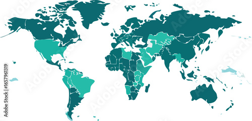 World map with countries highlighted in green, showcasing geographical regions and their boundaries.