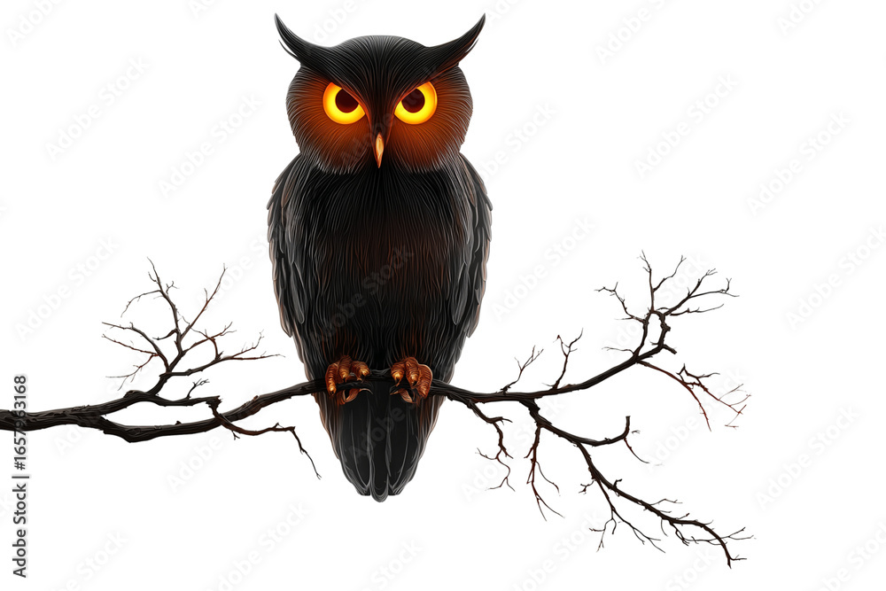 Fototapeta premium A Halloween owl with glowing eyes sitting on a branch, isolated on a transparent background.